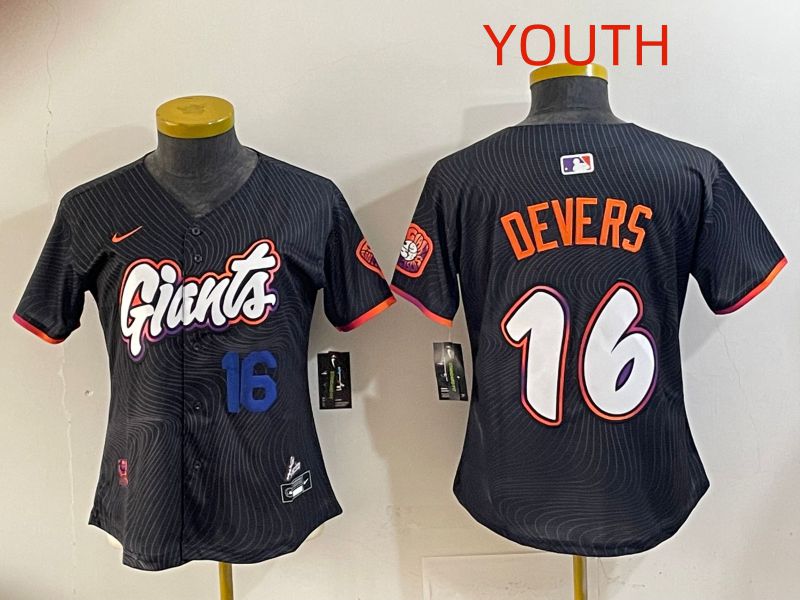 Youth 2025 San Francisco Giants #16 Devers Black Joint Name Nike MLB Jersey style 01